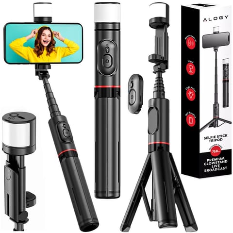 ⁨Selfie stick kijek Statyw Tripod uchwyt do telefonu zdjęć Lampa LED + Pilot Bluetooth 75.8cm Alogy czarny⁩ w sklepie Wasserman.eu