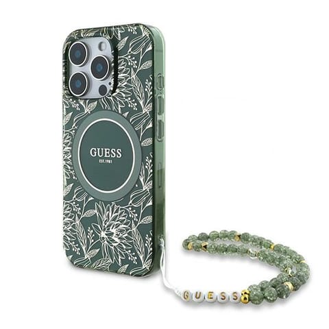 ⁨Guess GUHMP16LHCPOFPA iPhone 16 Pro 6.3" zielony/green hardcase IML Flowers Allover Electro With Pearl Strap MagSafe⁩ w sklepie Wasserman.eu