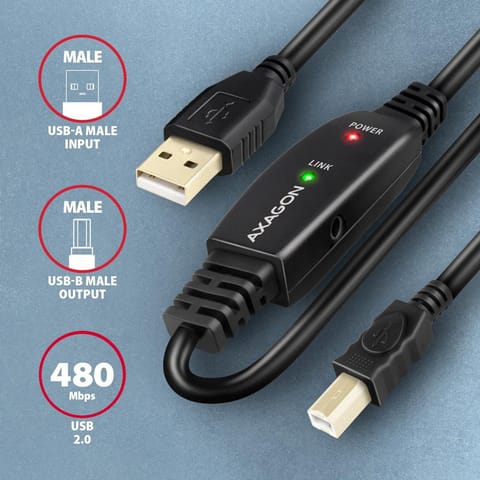 ⁨Aktywny kabel połączeniowy/wzmacniacz USB 2.0 A-M -&gt; B-M 10 m czarny Axagon⁩ w sklepie Wasserman.eu