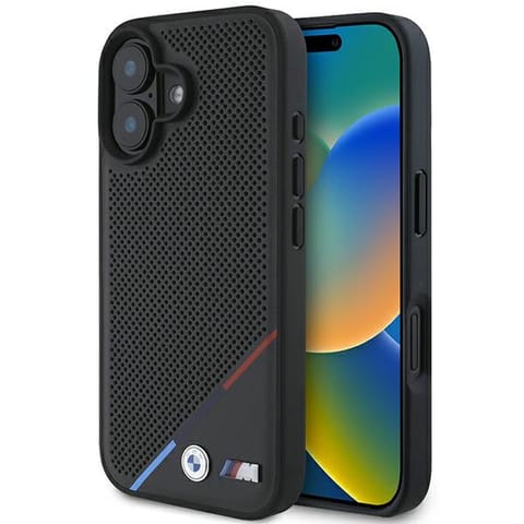 ⁨BMW BMHMP16S23PUPDK iPhone 16 6.1" czarny/black hardcase M Perforated Tricolor Line MagSafe⁩ w sklepie Wasserman.eu