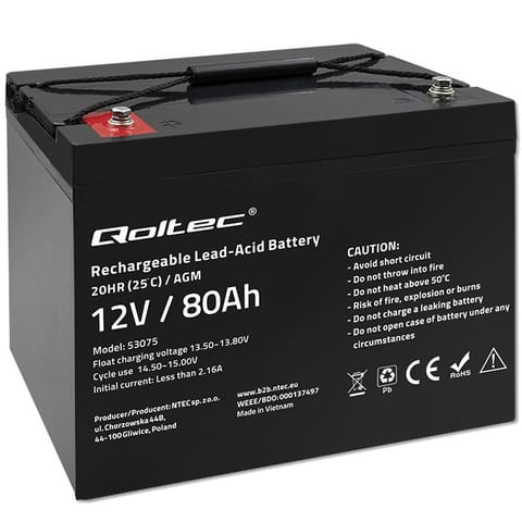 ⁨Qoltec Akumulator AGM | 12V | 80Ah | 23.5kg | Bezobsługowy | Mocny | LongLife | do UPS, kampera, łodzi, pieca⁩ w sklepie Wasserman.eu