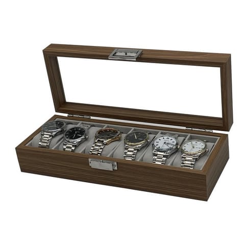 ⁨Szkatułka na 6 zegarków, etui, organizer zamykany ze szkłem 31x12x7,5cm PDMDF04⁩ w sklepie Wasserman.eu