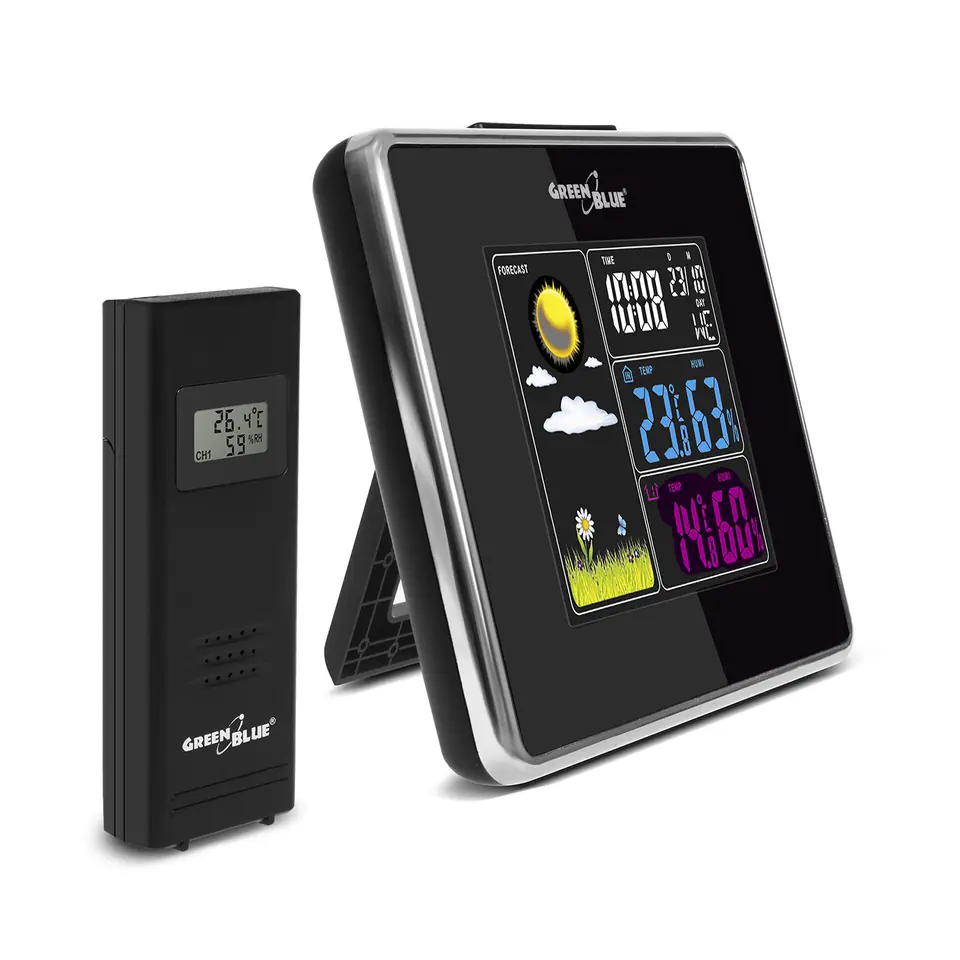 Wireless weather station IN/OUT temperature humidity USB charger GB142 black at Wasserman.eu