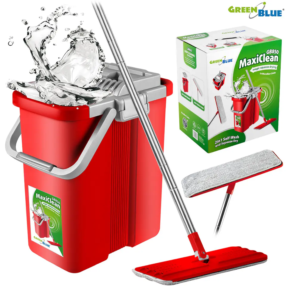 Flat mop with Bucket and GreenBlue Squeezer, two HQ microfiber cartridges, capacity 8L, MaxiClean GB850 at Wasserman.eu