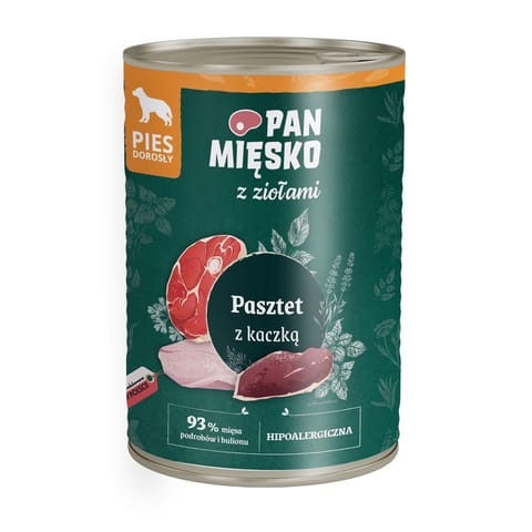 ⁨Pan Mięsko z Ziołami Pasztet z kaczką (dorosły) - karma mokra dla psów - 400g⁩ w sklepie Wasserman.eu
