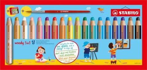 ⁨Wooden crayons STABILO woody 3 in 1 case 18 pcs. with sharpener and brush 880/18-1⁩ at Wasserman.eu