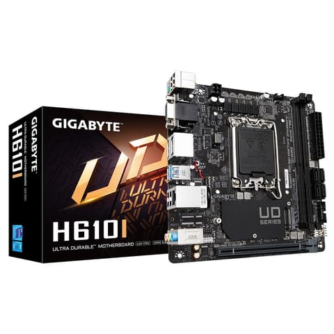 ⁨Gigabajt | H610I | Rodzina procesorów Intel | Gniazdo procesora LGA1700 | Moduły DIMM DDR4 | Obsługiwane interfejsy dysków twardych M.2, SATA | Liczba złączy SATA 4⁩ w sklepie Wasserman.eu