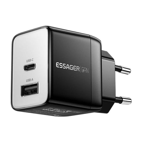 ⁨Ładowaka sieciowa, Essager, ECT33W-LJB01-Z, GaN, 1xUSB-A, 1xUSB-C, 33W (czarna)⁩ w sklepie Wasserman.eu