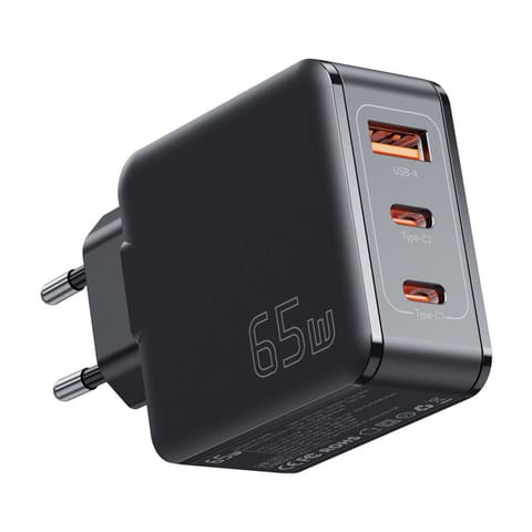 ⁨Ładowarka sieciowa, Essager, ECT2CA-JZB01-Z, GaN, USB-A, 2xUSB-C, 65W (czarna)⁩ w sklepie Wasserman.eu