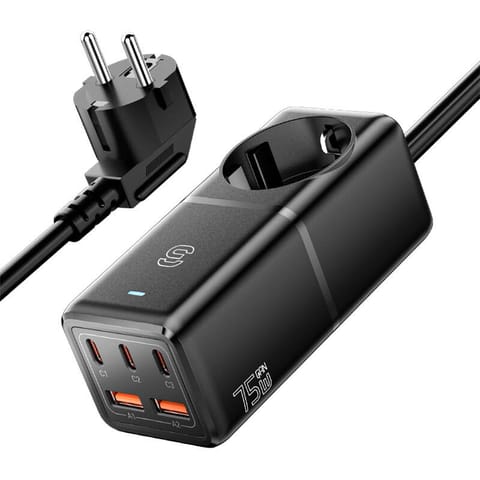 ⁨Ładowarak sieciowa, Essager, ECTAC-BRB01-Z, GaN, 3xUSB-C, 2xUSB-A, Gniazdko AC, 75W (czarna)⁩ w sklepie Wasserman.eu