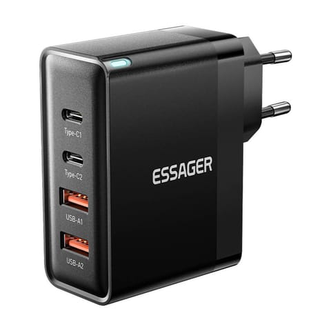 ⁨Ładowarka sieciowa, Essager, ECT2CA-QYB01-Z, 2xUSB-C, 2xUSB-A, 100W (czarna)⁩ w sklepie Wasserman.eu