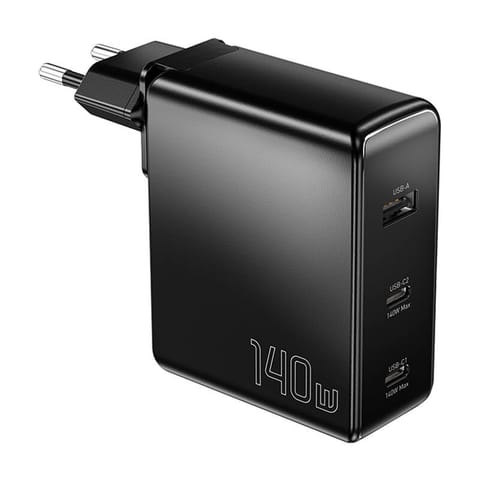 ⁨Ładowarka sieciowa, Essager, ECT2CA-MQB01-Z, 2xUSB-C, USB-A, 140W (czarna)⁩ w sklepie Wasserman.eu