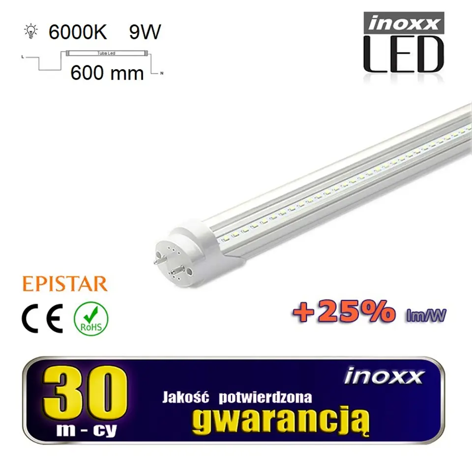 ⁨LED fluorescent lamp 60cm 9w t8 6000k g13 cold transparent⁩ at Wasserman.eu