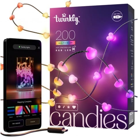 ⁨Twinkly Candies – 200 Lampki w kształcie serc RGB LEDs, zielony przewód, USB-C⁩ w sklepie Wasserman.eu