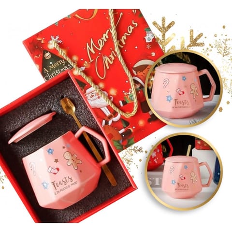 ⁨KUBEK ŚWIĄTECZNY - zestaw w pudełku z pokrywką i łyżeczką 225 ml, różowy KB08R⁩ w sklepie Wasserman.eu