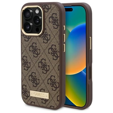 ⁨Guess GUHMP16LU4GPRW iPhone 16 Pro 6.3" brązowy/brown hardcase 4G Logo Plate MagSafe⁩ w sklepie Wasserman.eu