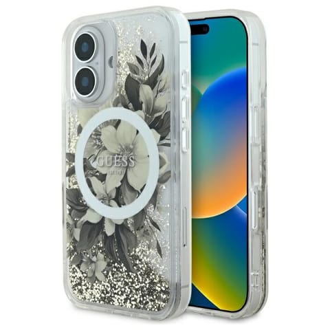 ⁨Guess GUHMP16SLFMWTE iPhone 16 6.1" beżowy/beige hardcase Liquid Glitter Flower MagSafe⁩ w sklepie Wasserman.eu