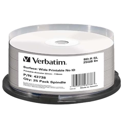 ⁨Verbatim BD-R, Single Layer Wide Printable No ID Surface Hard Coat, 25GB, cake box, 43738, 6x, 25-pack, do archiwizacji danych⁩ w sklepie Wasserman.eu