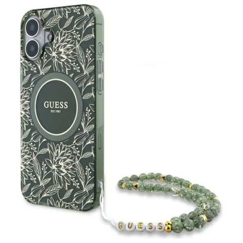 ⁨Guess GUHMP16SHCPOFPA iPhone 16 6.1" zielony/green hardcase IML Flowers Allover Electro With Pearl Strap MagSafe⁩ w sklepie Wasserman.eu