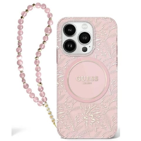 ⁨Guess GUHMP16SHCPOFPP iPhone 16 6.1" różowy/pink hardcase IML Flowers Allover Electro With Pearl Strap MagSafe⁩ w sklepie Wasserman.eu