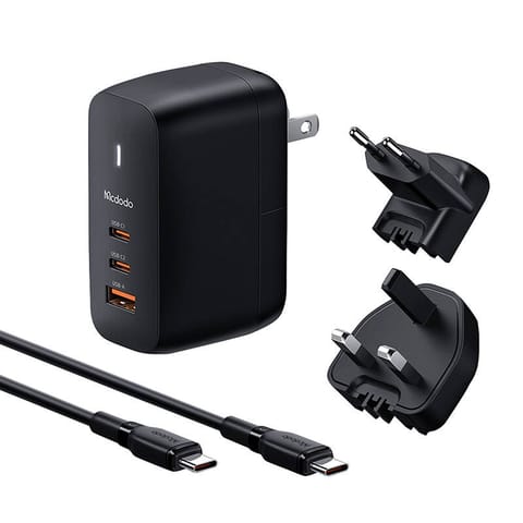 ⁨Ładowarka sieciowa Mcdodo CH-8442 UK/US/EU, 2x USB-C + USB-A,  kabel USB-C 2m, 65W (czarna)⁩ w sklepie Wasserman.eu