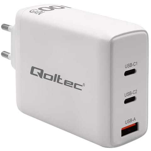 ⁨Qoltec 100W GaN Wall Charger | 5-20V | 1.5-5A | 2 x USB-C PD | 1 x USB QC 3.0 | White⁩ at Wasserman.eu
