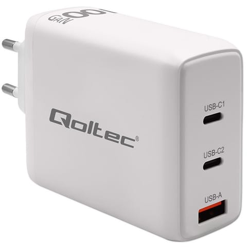 ⁨Qoltec Ładowarka sieciowa 100W GaN  | 5-20V | 1.5-5A | 2 x USB-C PD | 1 x USB QC 3.0 | Biała⁩ w sklepie Wasserman.eu