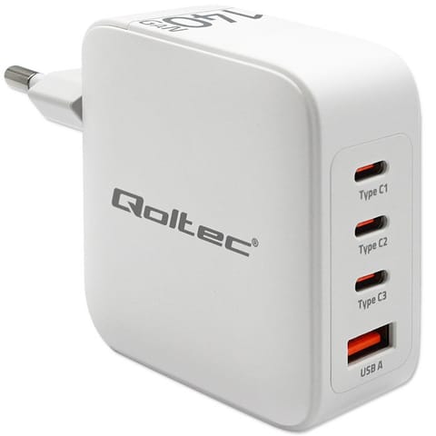 ⁨Qoltec 140W GaN Wall Charger | 5-20V | 2.5-5A | 3 x USB-C PD | 1 x USB QC 3.0 | White⁩ at Wasserman.eu