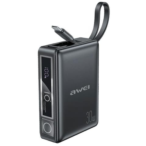 ⁨AWEI PowerBank z wbudowanym kablem P87K 10000mAh czarny/black 30W⁩ w sklepie Wasserman.eu