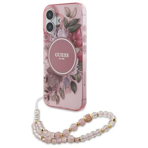 ⁨Guess GUHMP16MHFWBRCESP iPhone 16 Plus 6.7" różowy/pink hardcase IML Flowers With Pearl Strap MagSafe⁩ w sklepie Wasserman.eu