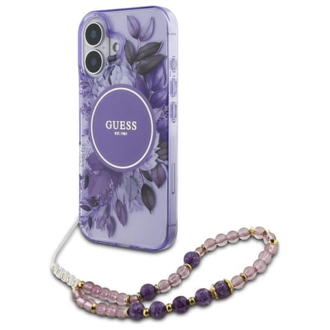 ⁨Guess GUHMP16SHFWBRCESU iPhone 16 6.1" fioletowy/purple hardcase IML Flowers With Pearl Strap MagSafe⁩ w sklepie Wasserman.eu
