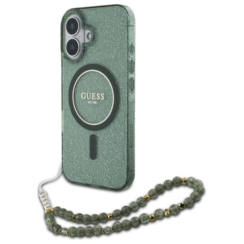 ⁨Guess GUHMP16SHGCRELSA iPhone 16 6.1" zielony/green hardcase IML Glitter With Pearl Strap MagSafe⁩ w sklepie Wasserman.eu