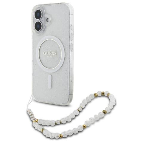 ⁨Guess GUHMP16SHGCRELST iPhone 16 6.1" przeźroczysty/transparent hardcase IML Glitter With Pearl Strap MagSafe⁩ w sklepie Wasserman.eu