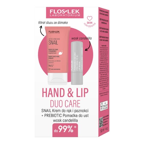 ⁨FLOSLEK Zestaw prezentowy Hand & Lip DUO Care Snail (krem do rąk 50ml+pomadka ochronna Prebiotic)⁩ w sklepie Wasserman.eu