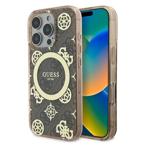 ⁨Guess GUHMP16LH4PYEEW iPhone 16 Pro 6.3" brązowy/brown hardcase IML Peony On 4G Background MagSafe⁩ w sklepie Wasserman.eu