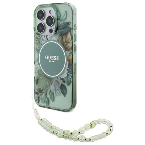 ⁨Guess GUHMP16LHFWBRCESN iPhone 16 Pro 6.3" zielony/green hardcase IML Flowers With Pearl Strap MagSafe⁩ w sklepie Wasserman.eu