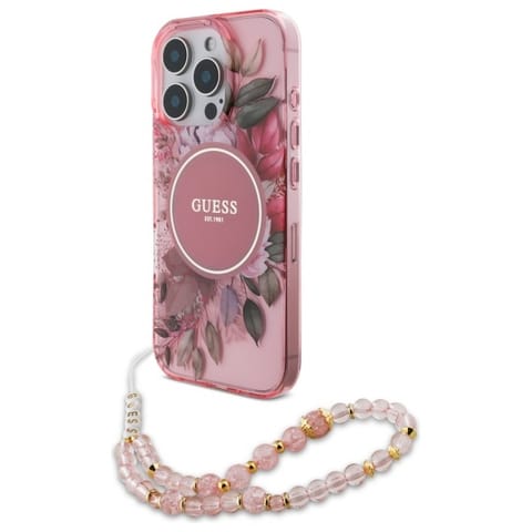 ⁨Guess GUHMP16XHFWBRCESP iPhone 16 Pro Max 6.9" różowy/pink hardcase IML Flowers With Pearl Strap MagSafe⁩ w sklepie Wasserman.eu