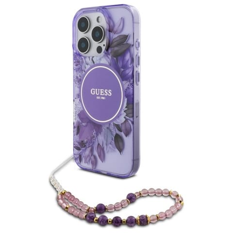 ⁨Guess GUHMP16XHFWBRCESU iPhone 16 Pro Max 6.9" fioletowy/purple hardcase IML Flowers With Pearl Strap MagSafe⁩ w sklepie Wasserman.eu