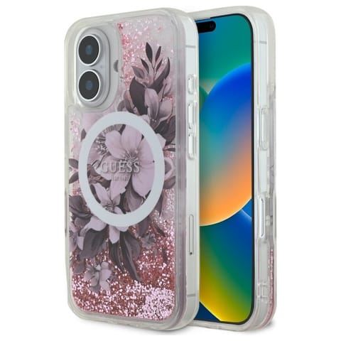 ⁨Guess GUHMP16SLFMWTP iPhone 16 6.1" różowy/pink hardcase Liquid Glitter Flower MagSafe⁩ w sklepie Wasserman.eu