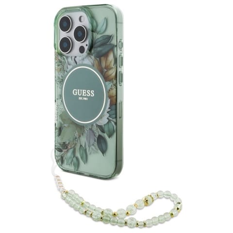 ⁨Guess GUHMP16XHFWBRCESN iPhone 16 Pro Max 6.9" zielony/green hardcase IML Flowers With Pearl Strap MagSafe⁩ w sklepie Wasserman.eu