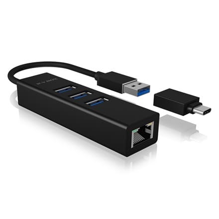 ⁨Hub IcyBox 4-portowy IB-HUB1419-LAN Hub USB 3.0 i adapter LAN⁩ w sklepie Wasserman.eu