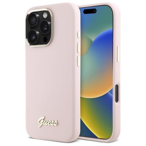 ⁨Guess GUHCP16LSMBSLP iPhone 16 Pro 6.3"   różowy/pink hardcase Silicone Script Metal Logo & Frame⁩ w sklepie Wasserman.eu