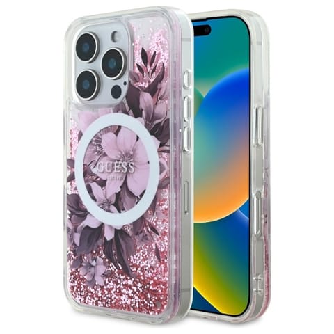 ⁨Guess GUHMP16LLFMWTP iPhone 16 Pro 6.3"   różowy/pink hardcase Liquid Glitter Flower MagSafe⁩ w sklepie Wasserman.eu