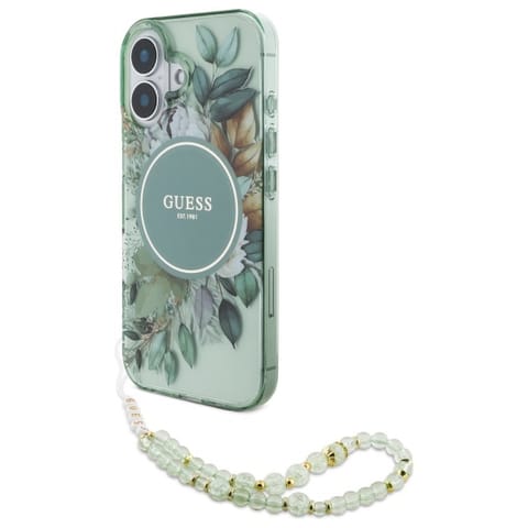 ⁨Guess GUHMP16MHFWBRCESN iPhone 16 Plus 6.7" zielony/green hardcase IML Flowers With Pearl Strap MagSafe⁩ w sklepie Wasserman.eu