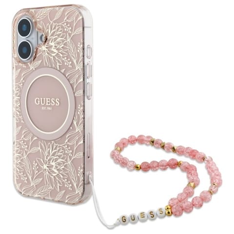 ⁨Guess GUHMP16SHCPOFPP iPhone 16 6.1" różowy/pink hardcase IML Flowers Allover Electro With Pearl Strap MagSafe⁩ w sklepie Wasserman.eu