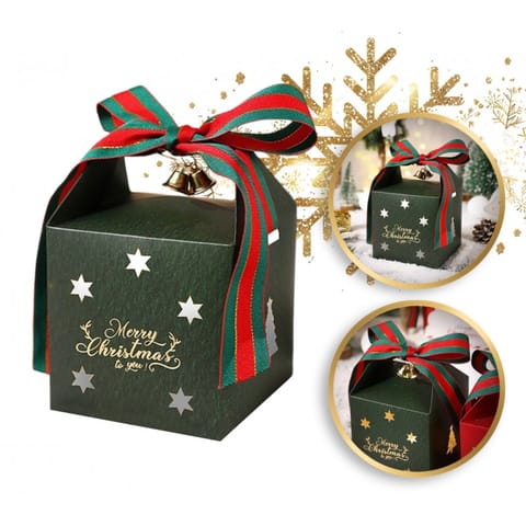 ⁨Pudełko PREZENTOWE ozdobne zielone, MERRY CHRISTMAS z kokardą 10x10x10 cm OPO40⁩ w sklepie Wasserman.eu