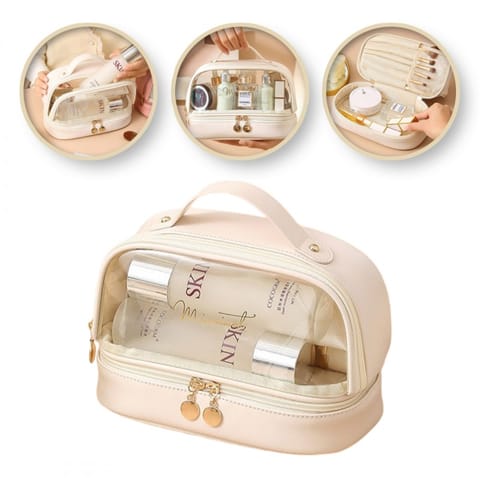 ⁨Kosmetyczka organizer na kosmetyki kremowa dwupoziomowa 23x13,5x16cm KS115B⁩ w sklepie Wasserman.eu