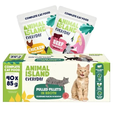 ⁨ANIMAL ISLAND Everyday Beef and chicken fillets in broth - wet cat food - 40 x 85g⁩ at Wasserman.eu