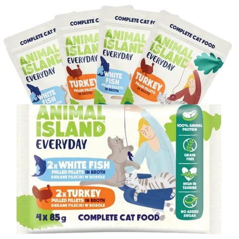 ⁨ANIMAL ISLAND Everyday Turkey and White fish fillets in broth - wet cat food - 4 x 85g⁩ at Wasserman.eu