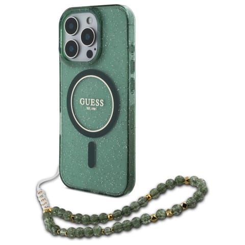 ⁨Guess GUHMP16XHGCRELSA iPhone 16 Pro Max 6.9" zielony/green hardcase hardcase IML Glitter With Pearl Strap MagSafe⁩ w sklepie Wasserman.eu